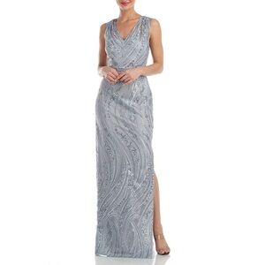 JS Collections Embroidered V-Neck Sleeveless Sheath Gown, Silver, Sz 8, NWT